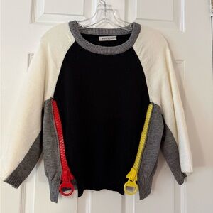 T156- Trendy Colorblock Crew Neck Sweater with Zipper Accents